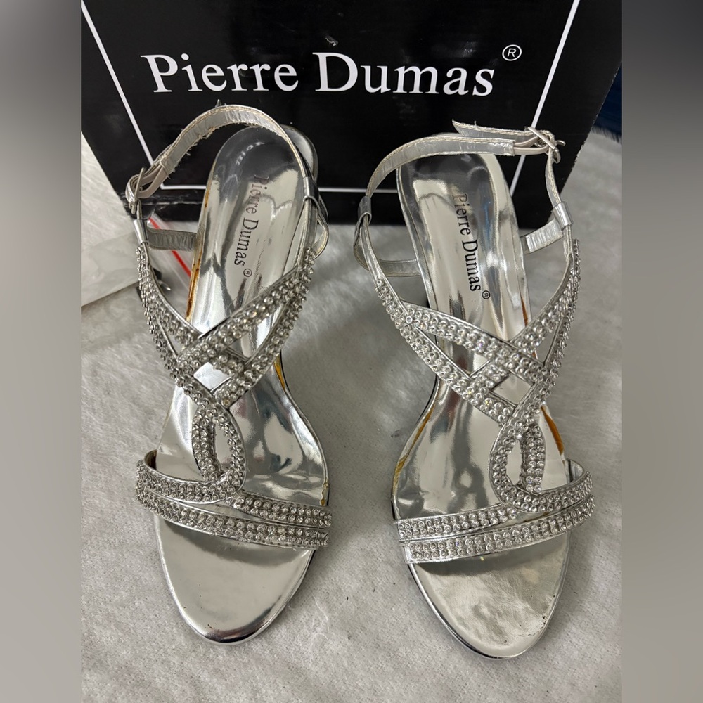 Pierre Dumas Silver Heels with Rhinestone Embellishments Size 7